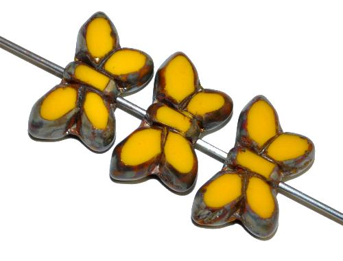 Glasperlen / Table Cut Beads Schmetterlinge 
 geschliffen, gelb opak mit picasso finish, 
 hergestellt in Gablonz Tschechien