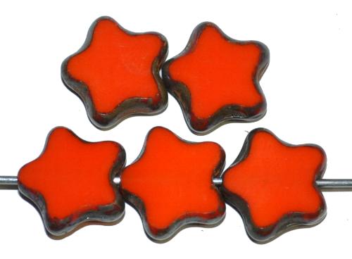Glasperlen / Table Cut Beads Sterne geschliffen orangerot opak mit picasso finish, hergestellt in Gablonz Tschechien