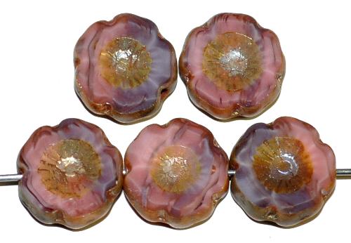 Glasperlen / Table Cut Beads Blüten geschliffen
 Perlettglas rosa violett mit burning silver picasso finish,
 hergestellt in Gablonz / Tschechien