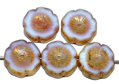 Glasperlen / Table Cut Beads Blüten geschliffen
 weiß violett mit picasso finish,
 hergestellt in Gablonz / Tschechien