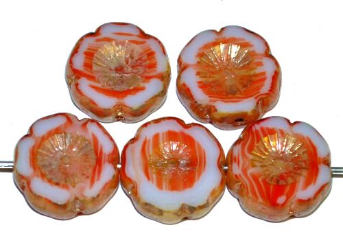 Glasperlen / Table Cut Beads Blüten geschliffen 
 weiß rot opak mit picasso finish,
 hergestellt in Gablonz / Tschechien 