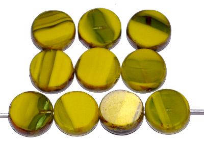 Glasperlen / Table Cut Beads
 geschliffen, Mischglas oliv , Rand mit picasso finish,
 hergestellt in Gablonz Tschechien