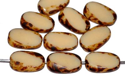 Glasperlen / Table Cut Beads Olive geschliffen beige opak mit picasso finish, hergestellt in Gablonz / Tschechien