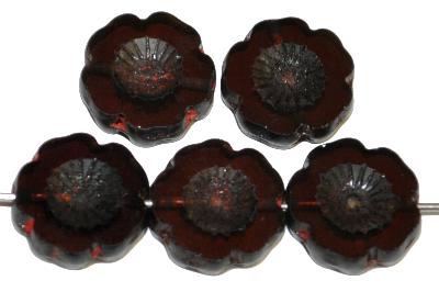 Glasperlen / Table Cut Beads Blüten geschliffen
 aubergine transp. mit picasso finish,
 hergestellt in Gablonz / Tschechien