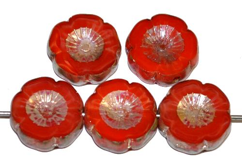 Glasperlen / Table Cut Beads Blüten geschliffen
 Perlettglas rot mit picasso finish,
 hergestellt in Gablonz / Tschechien 