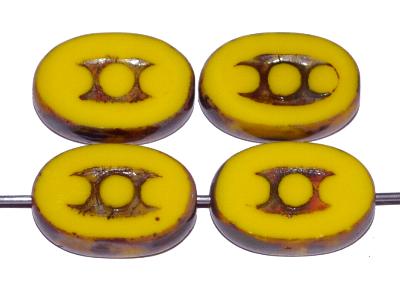 Glasperlen / Table Cut Beads
 geschliffen,
 gelb opak mit picasso finish, nach alten Vorlagen aus den 1930/40 Jahren in Gablonz / Tschechien neu gefertigt