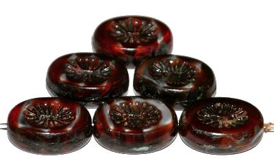 Glasperlen / Table Cut Beads geschliffen, rot marmoriert mit picasso finish, nach alten Vorlagen aus den 1930/40 Jahren neu in Gablonz / Tschechien gefertigt