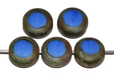 Glasperlen / Table Cut Beads Scheiben geschliffen
 blau opak, Rand mit picasso finish,
 hergestellt in Gablonz Tschechien