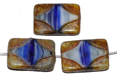 Glasperlen / Table Cut Beads geschliffen blau weiß opak marmoriert mit picasso finish, hergestellt in Gablonz / Tschechien