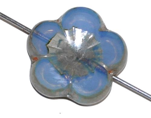 Glasperlen / Table Cut Beads Blüten geschliffen Opalglas dustyblue mit picasso finish, hergestellt in Gablonz / Tschechien