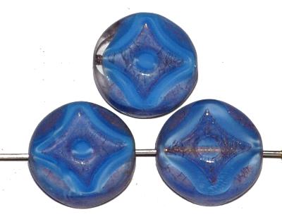 Glasperlen / Table Cut Beads
 mittelblau Perlettglas,
 geschliffen mit light bronze finish, hergestellt in Gablonz / Tschechien