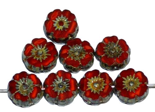 Glasperlen / Table Cut Beads Blüten geschliffen
 Perlettglas rot mit picasso finish,
 hergestellt in Gablonz / Tschechien