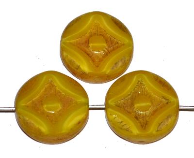Glasperlen / Table Cut Beads
 gelb Perlettglas,
 geschliffen mit light bronze finish, hergestellt in Gablonz / Tschechien