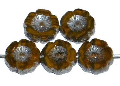 Glasperlen / Table Cut Beads Blüten geschliffen,  Perlettglas oliv mit burning silver picasso finish, hergestellt in Gablonz / Tschechien