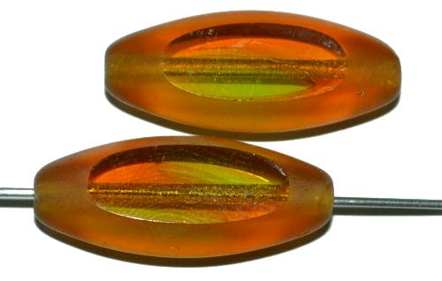 Glasperlen / Table Cut Beads geschliffen 
 zweifarbig topas grün transp. mit mattem Rand,
 hergestellt in Gablonz / Tschechien 