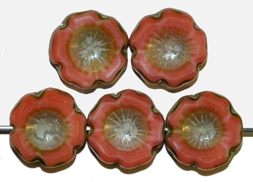 Glasperlen / Table Cut Beads Blüten geschliffen 
 rosa oliv mit burning silver picasso finish,
 hergestellt in Gablonz / Tschechien