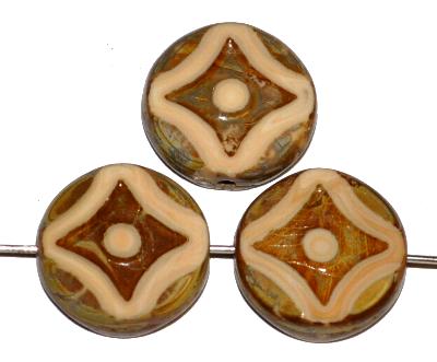 Glasperlen / Table Cut Beads
 beigebraun opak,
 geschliffen mit picasso finish, hergestellt in Gablonz / Tschechien