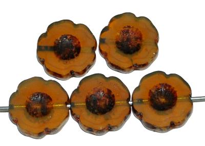 Glasperlen / Table Cut Beads Blüten geschliffen
 Opalglas butterscotch mit picasso finish,
 hergestellt in Gablonz / Tschechien