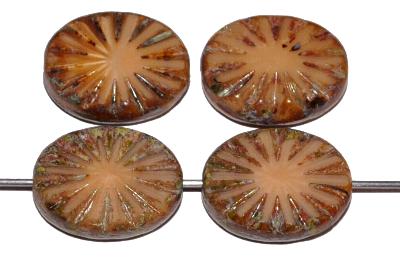 Glasperlen / Table Cut Beads
 geschliffen,
 hellbraun mit picasso finish,
 nach alten Vorlagen aus den 1930/40 Jahren neu in Gablonz / Tschechien gefertigt