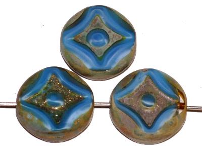 Glasperlen / Table Cut Beads
 Perlettglas blau,
 geschliffen mit burning silver picasso finish, hergestellt in Gablonz / Tschechien