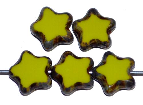 Glasperlen / Table Cut Beads Sterne geschliffen oliv opak mit picasso finish, hergestellt in Gablonz Tschechien