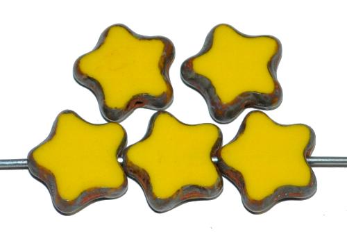 Glasperlen / Table Cut Beads Sterne geschliffen gelb opak mit picasso finish, hergestellt in Gablonz Tschechien