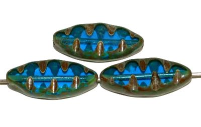 Glasperlen / Table Cut Beads geschliffen, Narvett Form, blau transp. mit picasso finish hergestellt in Gablonz Tschechien