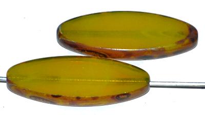 Glasperlen / Table Cut Beads, Narvett Form, geschliffen  Alabasterglas gelb,  Rand mit picasso finish, hergestellt in Gablonz Tschechien 