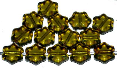 Glasperlen / Table Cut Beads Sterne geschliffen oliv transp. Rand mit picasso finish, hergestellt in Gablonz Tschechien