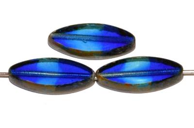 Glasperlen / Table Cut Beads geschliffen, Narvett Form, blau transp. mit picasso finish hergestellt in Gablonz Tschechien