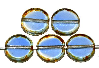 Glasperlen / Table Cut Beads Scheiben geschliffen  blau kristall transp.  Rand mit picasso finish, hergestellt in Gablonz Tschechien