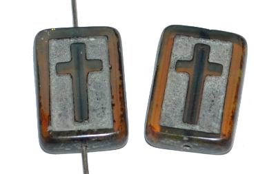 Glasperlen / Table Cut Beads geschliffen, mit aufgeprägtem Kreuz, Opalglas mit picasso finish hergestellt in Gablonz Tschechien