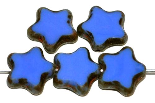 Glasperlen / Table Cut Beads Sterne geschliffen blau opak mit picasso finish, hergestellt in Gablonz Tschechien 