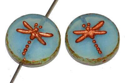 Glasperlen / Table Cut Beads geschliffen mit eingeprägter Libelle metallic kupfer, Opalglas hellblau Rand mit picasso finish, hergestellt in Gablonz / Tschechien