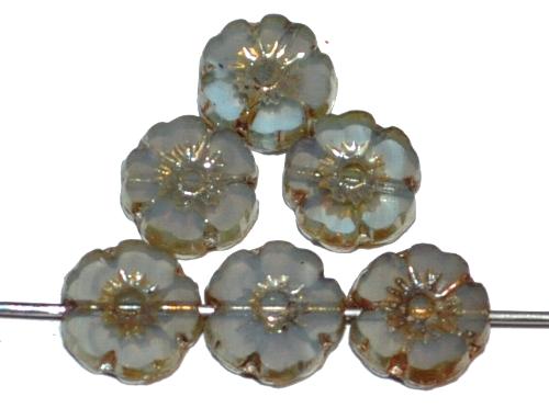 Glasperlen / Table Cut Beads geschliffen Blüten Opalglas nebelgrau mit burning silver picasso finish, hergestellt in Gablonz / Tschechien