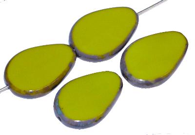 Glasperlen / Table Cut Beads Tropfen geschliffen olivgrün opak mit picasso finish, hergestellt in Gablonz Tschechien