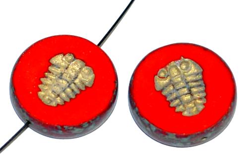 Glasperlen / Table Cut Beads Scheiben geschliffen mit eingeprägter Trilobit Fossilie, rot opak mit picasso finish und Bronzeauflage, hergestellt in Gablonz Tschechien