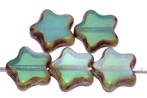 Glasperlen / Table Cut Beads Sterne geschliffen
 Opalglas oceangreen mit picasso finish,
 hergestellt in Gablonz Tschechien