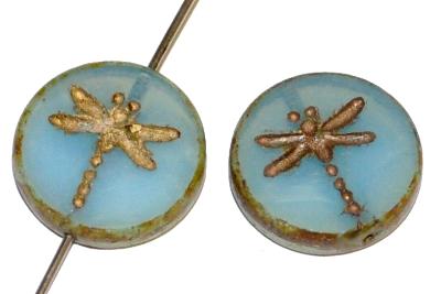 Glasperlen / Table Cut Beads geschliffen mit eingeprägter Libelle, Opalglas hellblau libelle und Rand mit picasso finish, hergestellt in Gablonz / Tschechien