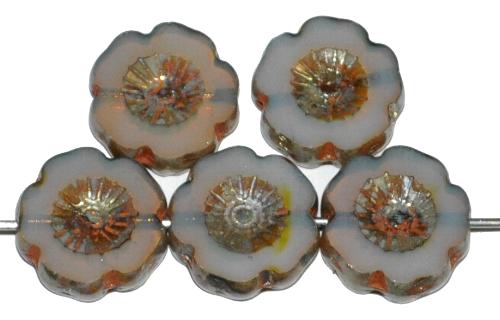 Glasperlen / Table Cut Beads geschliffen Blüten Opalglas nebelgrau mit picasso finish, hergestellt in Gablonz / Tschechien