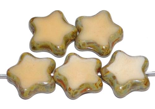 Glasperlen / Table Cut Beads Sterne geschliffen beige opak mit picasso finish, hergestellt in Gablonz Tschechien