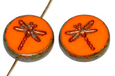 Glasperlen / Table Cut Beads geschliffen mit eingeprägter Libelle metallic kupfer, orange opak Rand mit picasso finish, hergestellt in Gablonz / Tschechien
