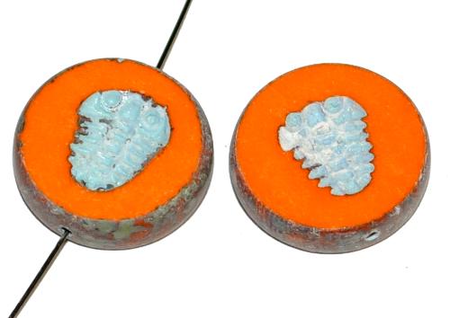 Glasperlen / Table Cut Beads Scheiben geschliffen mit eingeprägter Trilobit Fossilie, orange opak mit picasso finish, hergestellt in Gablonz Tschechien