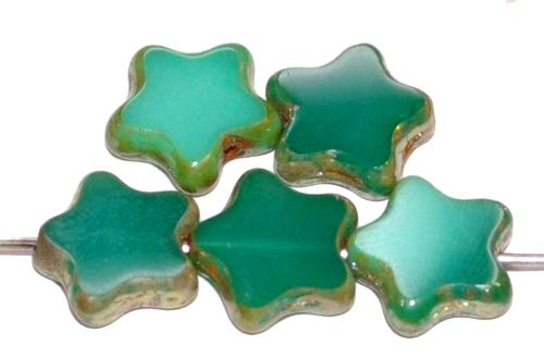 Glasperlen / Table Cut Beads Sterne geschliffen Opalglas grün mit picasso finish, hergestellt in Gablonz Tschechien