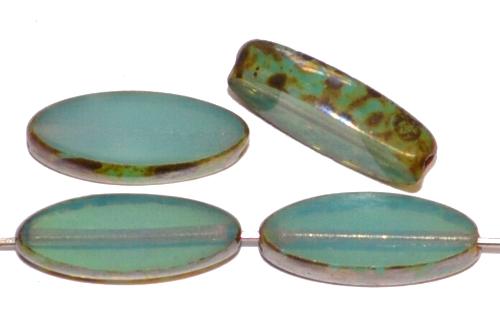 Glasperlen / Table Cut Beads geschliffen Narvett Form, Opalglas blaugrün  mit picasso finish  hergestellt in Gablonz Tschechien