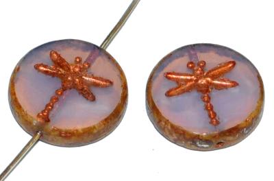 Glasperlen / Table Cut Beads geschliffen mit eingeprägter Libelle metallic kupfer, Opalglas rosa Rand mit picasso finish, hergestellt in Gablonz / Tschechien