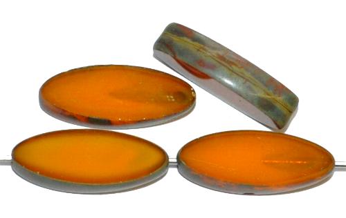 Glasperlen / Table Cut Beads geschliffen
 Narvett Form,
 Alabasterglas Ambar mit picasso finish,
 hergestellt in Gablonz Tschechien