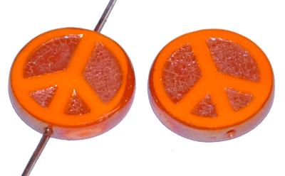 Glasperlen / Table Cut Beads geschliffen mit eingeprägtem peace Zeichen, orange opak mit antik lüster, hergestellt in Gablonz / Tschechien