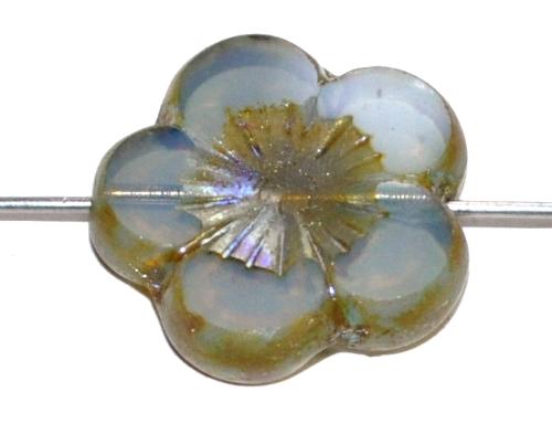 Glasperlen / Table Cut Beads Blüten geschliffen Opalglas blaugrau mit picasso finish, hergestellt in Gablonz / Tschechien