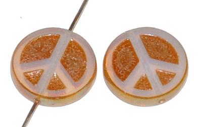 Glasperlen / Table Cut Beads geschliffen mit eingeprägtem peace Zeichen, Opalglas rosa mit antik lüster und light AB, hergestellt in Gablonz / Tschechien